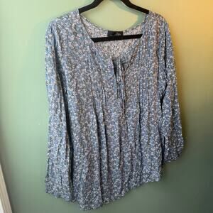 Suzanne Betro Blouse Blue with Flowers Tie Front Tunic Periwinkle XL